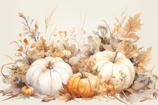 Highly detailed watercolor illustration in a fairytale cottagecore style, depicting a beautiful autumn floral frame and pumpkins. The artwork features faded soft beige, white, and light gray colors, c