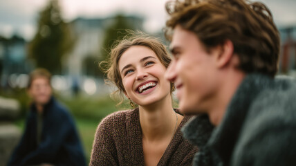 Obraz premium Joyful conversation on a park bench. Woman smiling at someone out of frame, happiness between friends, casual outdoor setting.