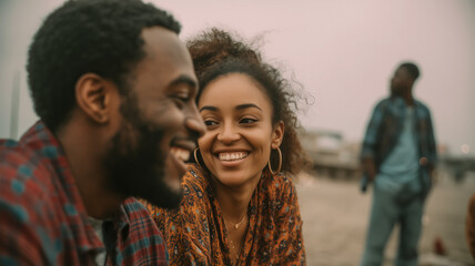 Obraz premium Candid portrait of two smiling people at a beach gathering, with a focus on friendship, good times, and relaxed atmosphere.