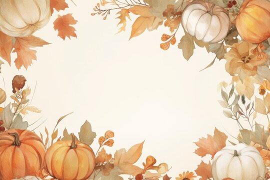 Highly detailed watercolor artwork in a fairytale cottagecore style. The piece features a beautiful autumn floral frame along with pumpkins, showcasing faded soft beige, white, and light gray colors. 