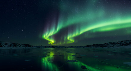 Majestic Northern Lights Over Serene Arctic Landscape at Night