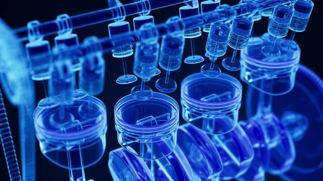 Animation car engine from the inside. X-Ray style. Pistons, crankshaft, camshaft, valves in motion. Alpha Channel. Cyclic movement. Horizontal composition.