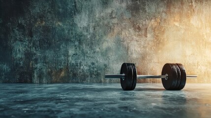 A solitary, dark-colored, wooden chair with a metal frame is positioned against a textured, dark green wall, casting a shadow on the floor.