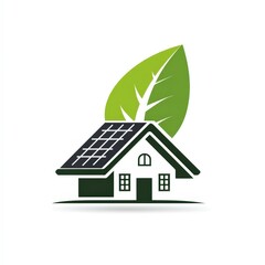 Eco-friendly house with solar panels and green leaf, symbolizing sustainable living and energy