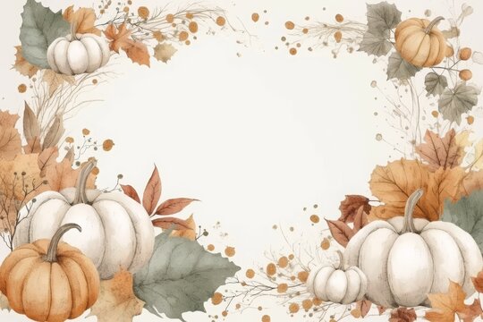 Highly detailed watercolor illustration in a fairytale cottagecore style, featuring a beautiful autumn floral frame and pumpkins. The artwork showcases faded soft beige, white, and light gray colors, 