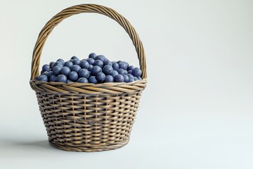 A woven basket overflowing with dark-blue berries.  The basket has a sturdy handle and a slightly tapered shape