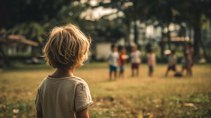 Young boy observing a group of children playing in a grassy, sun-drenched field, back view of his head with bright blonde hair.