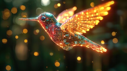 Digital hummingbird with glowing circuit board wings.
