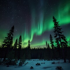 A vivid green aurora borealis shimmering across a starry night sky above a snowy pine forest