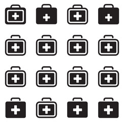 Set of black first aid kit icons with a medical cross symbol on each.