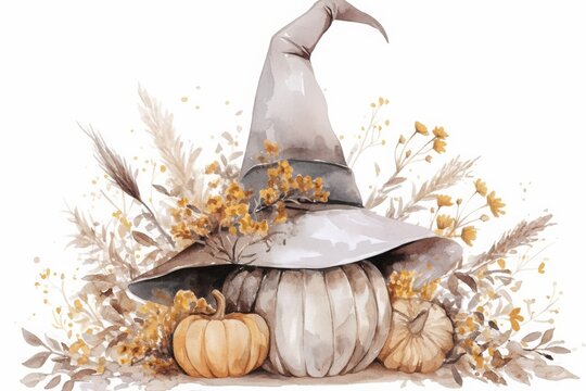 High-resolution, hyper-realistic watercolor illustration featuring a witch hat, pumpkins, and wild flowers in muted pastel tones, set against a clean white background. This detailed artwork captures t