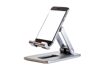 A smartphone stand with adjustable angles position and screen is a white screen, isolated on a transparent background