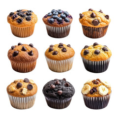 Assorted Muffins with Blueberries, Chocolate Chips, and Bananas