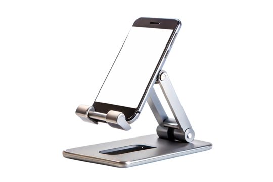 A smartphone stand with adjustable angles position and screen is a white screen, isolated on a transparent background
