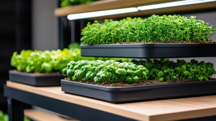 Indoor urban farm with lush green fresh vegetables growing in black trays under artificial grow lights for sustainable farming and healthy eating indoors