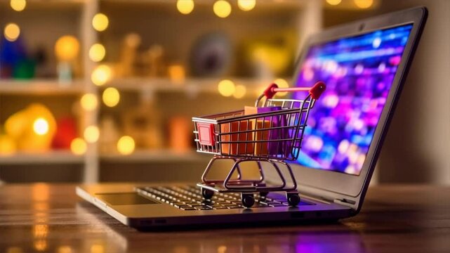A laptop with a shopping cart symbolizes online shopping and e-commerce trends in a modern digital age.