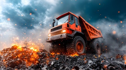 A large powerful orange dump truck maneuvering through an open coal mining site against a backdrop of dark stormy skies and flickering flames