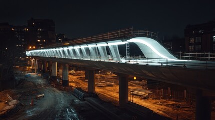 Illuminated elevated train track at night