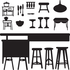 Kitchen Silhouette Clipart: Furniture, Utensils, and Bar Stools in a Modern Style
