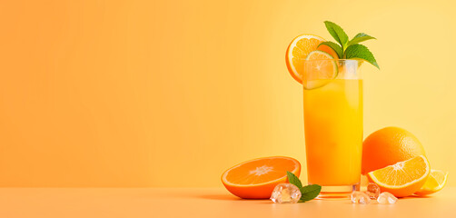 Vaso alto de cristal lleno de zumo de Naranja sobre un fondo naranja suave