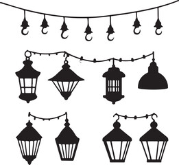 String Light Lanterns Silhouette Vector Set, Decorative Hanging Lights Design
