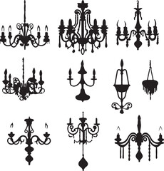 Elegant Silhouette Chandeliers Collection: Vintage Lighting Fixtures in Black, Vector Art