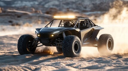 Off-road vehicle racing through sandy desert landscape at dusk
