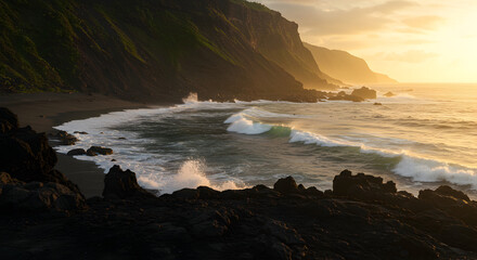 Waves Crashing on Rocky Coastline at Golden Sunset