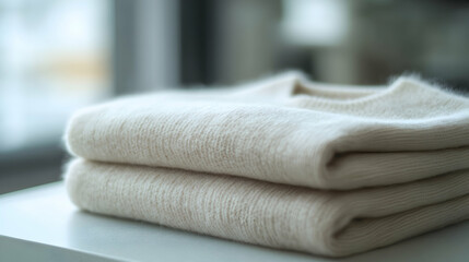 Stacked beige sweaters rest on a surface near a window.