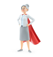 3d cartoon granny standing with red cape