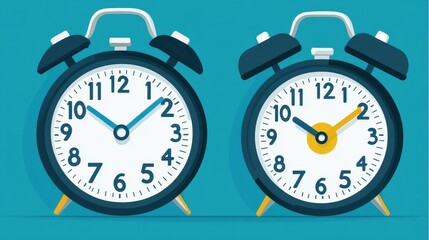 Vintage alarm clocks in teal background show contrasting timelines illustration for time management deadlines and scheduling purposes