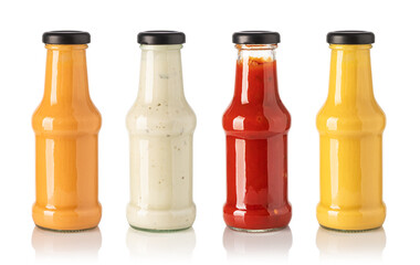 Four glass bottles containing different sauces on white background