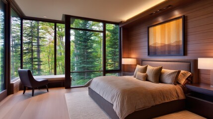 Fototapeta premium Modern bedroom with large windows showcasing lush green forest scenery and cozy decor