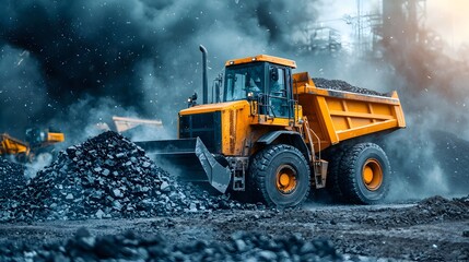 An orange industrial dump truck loading and dumping coal into a large storage yard surrounded by a stormy cloudy environment