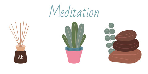 Meditation time set. Hand drawn elements collection: aromatic diffuser, plant, massage stone. Vector flat illustration of meditation stuff, equipments, yoga accessories