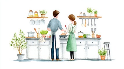 Couple Cooking Watercolor - A watercolor painting of a couple joyfully cooking together in their kitchen, symbolizing teamwork, love, home, togetherness, and culinary passion