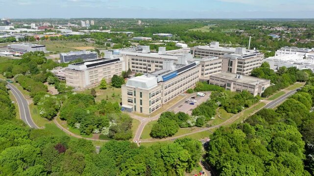 Aerial drone view GSK factory building manufacturing Pharmaceuticals England UK Stevenage UK