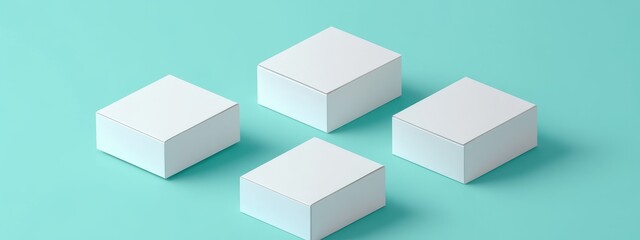 Four blank white cubes on a mint green background