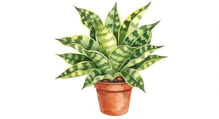 rattlesnake plant  - Watercolor illustration of a potted plant with striking green and yellow striped leaves. A simple yet elegant botanical piece.
