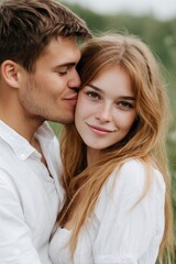Fototapeta premium Close-up of a couple embracing outdoors, smiling