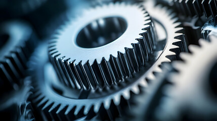 Close-up of several interlocking metal gears representing mechanical processes and teamwork.