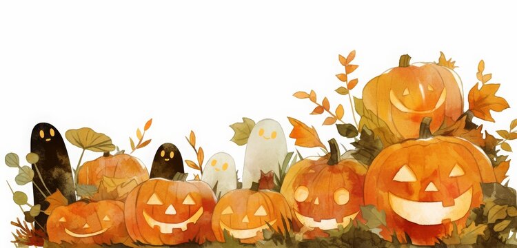 Adorable watercolor clip art of a pumpkin border in a charming style, isolated on a white background. This artwork conveys a cute and creepy mood, effectively evoking the atmosphere of Halloween. 