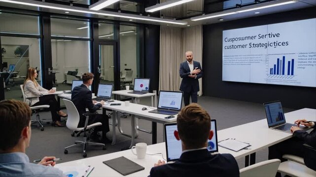 Business presentation on customer strategies in a modern conference room with engaged audience