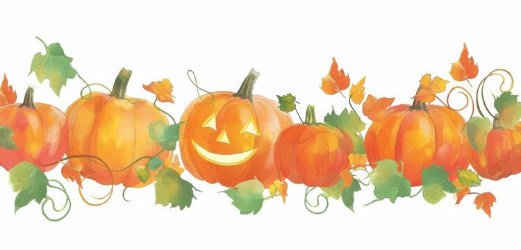 A charming watercolor clip art of a cute border featuring pumpkins, isolated on a white background. The artwork exudes a cute and creepy mood, perfectly capturing the essence of a Halloween atmosphere