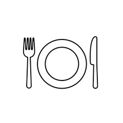 Simple linear icon of plate and cutlery, fork and knife