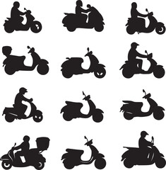 Silhouettes of Scooters and Riders: Black and White Vector Illustrations for Design Projects