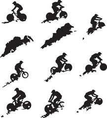 Mountain Biking Silhouette Set: Dynamic Action Shots in Black and White, Grunge Style