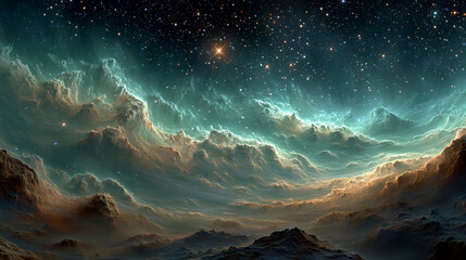 Naklejka premium Stunning space scene of colorful nebulae like auroras rippling across the cosmos. Symbolizes mystery, cosmic energy, life beyond Earth, and the harmony of celestial forces in a vibrant universe.