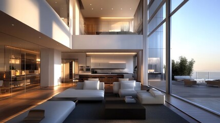 Fototapeta premium Modern living room with panoramic views and stylish decor