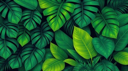 Fototapeta premium Lush tropical foliage in varying shades of green, creating a vibrant and dense jungle-like pattern